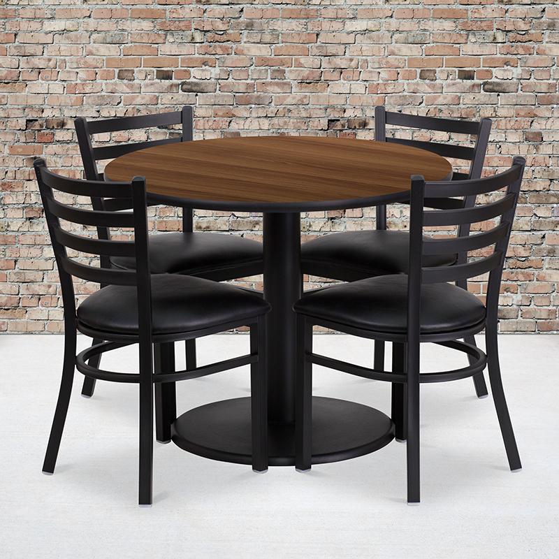 Flash Furniture 36” Round Walnut Laminate Table Set with Round Base and 4 Ladder Back Metal Chairs – Black Vinyl Seat – RSRB1032-GG Supply