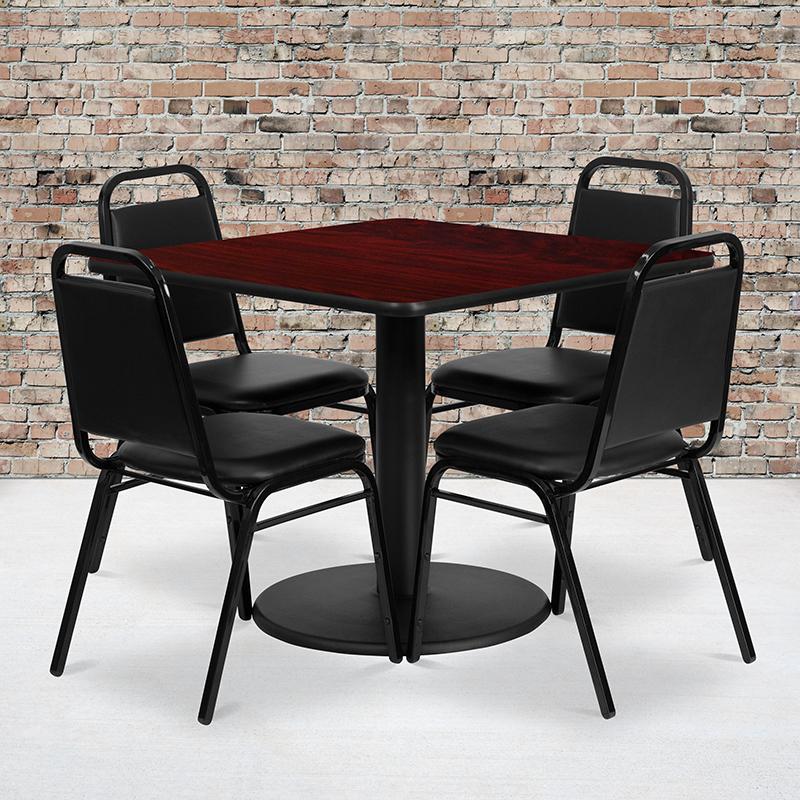 Flash Furniture 36” Square Mahogany Laminate Table Set with Round Base and 4 Black Trapezoidal Back Banquet Chairs – RSRB1010-GG Sale