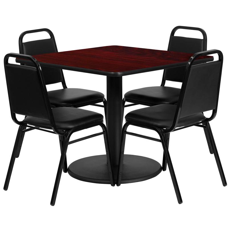 Flash Furniture 36” Square Mahogany Laminate Table Set with Round Base and 4 Black Trapezoidal Back Banquet Chairs – RSRB1010-GG Sale