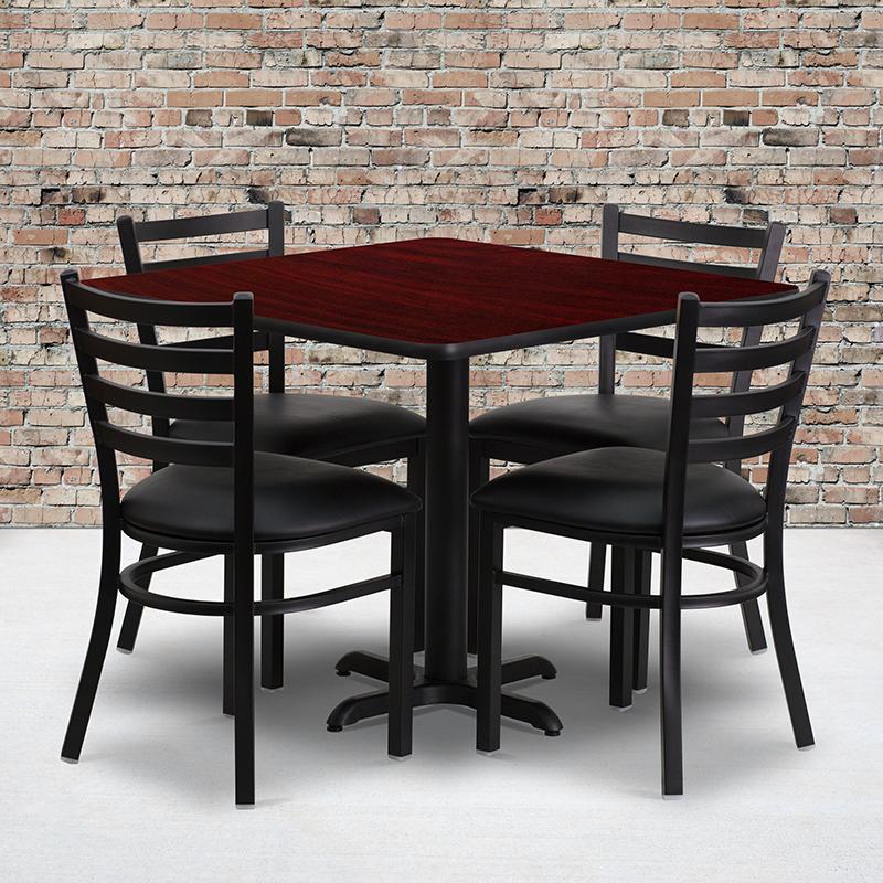 Flash Furniture 36” Square Mahogany Laminate Table Set with X-Base and 4 Ladder Back Metal Chairs – Black Vinyl Seat – HDBF1014-GG Fashion