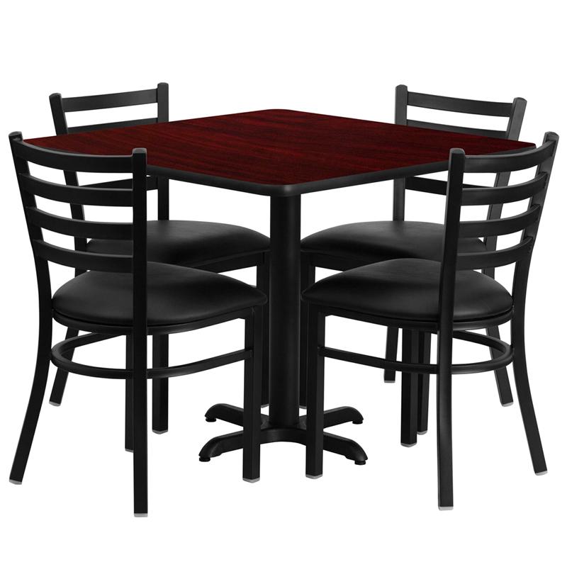 Flash Furniture 36” Square Mahogany Laminate Table Set with X-Base and 4 Ladder Back Metal Chairs – Black Vinyl Seat – HDBF1014-GG Fashion