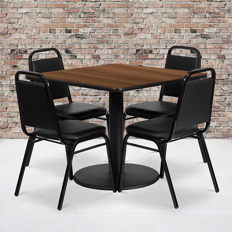 Flash Furniture 36” Square Walnut Laminate Table Set with Round Base and 4 Black Trapezoidal Back Banquet Chairs – RSRB1012-GG Hot on Sale
