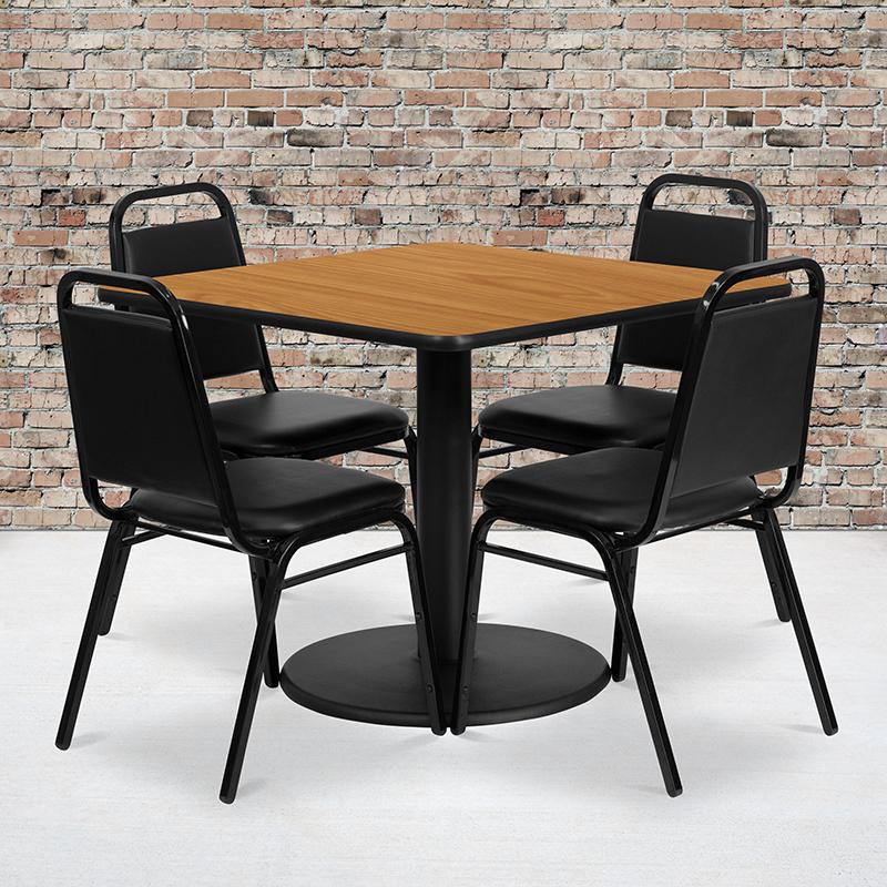 Flash Furniture 36” Square Natural Laminate Table Set with Round Base and 4 Black Trapezoidal Back Banquet Chairs – RSRB1011-GG Fashion
