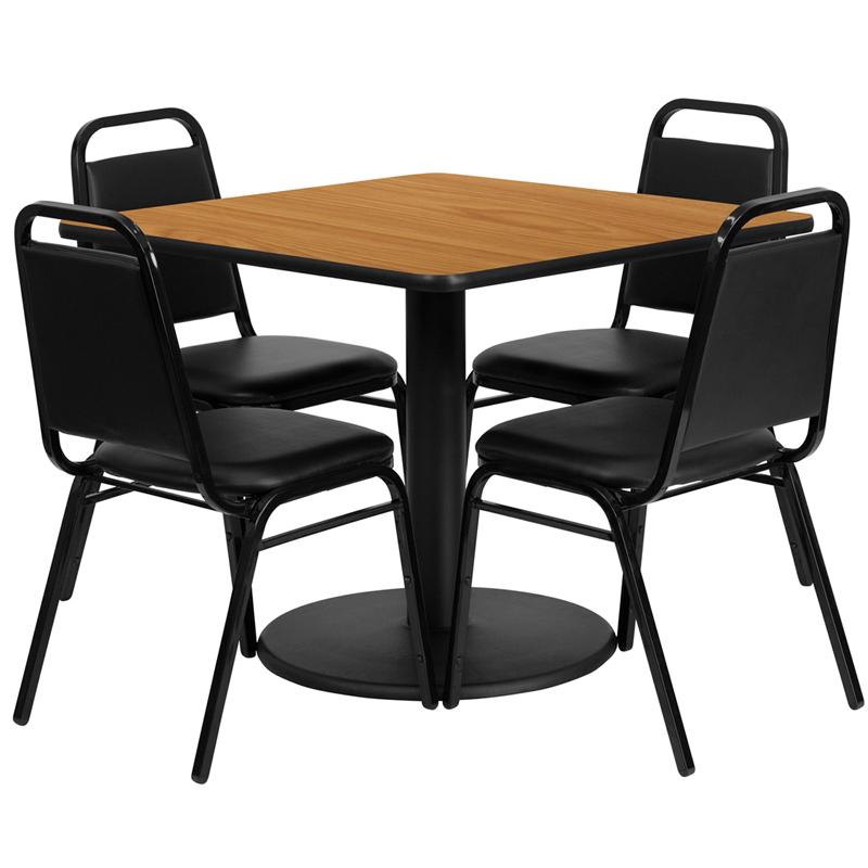Flash Furniture 36” Square Natural Laminate Table Set with Round Base and 4 Black Trapezoidal Back Banquet Chairs – RSRB1011-GG Fashion