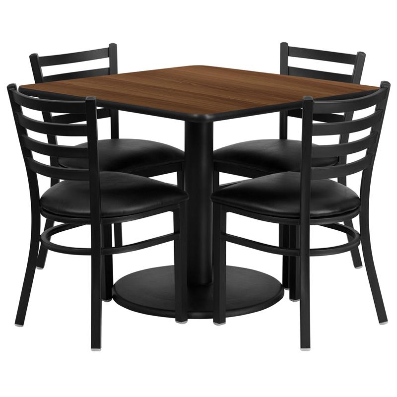 Flash Furniture 36” Square Walnut Laminate Table Set with Round Base and 4 Ladder Back Metal Chairs – Black Vinyl Seat – RSRB1016-GG Supply
