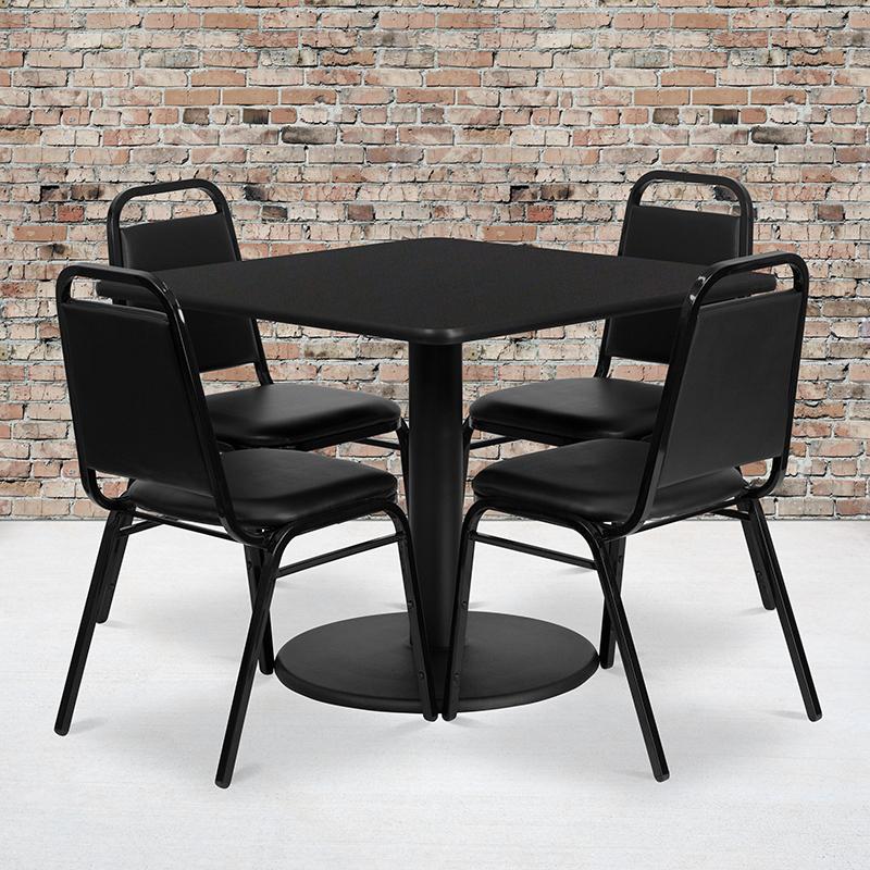 Flash Furniture 36” Square Black Laminate Table Set with Round Base and 4 Black Trapezoidal Back Banquet Chairs – RSRB1009-GG Online Hot Sale