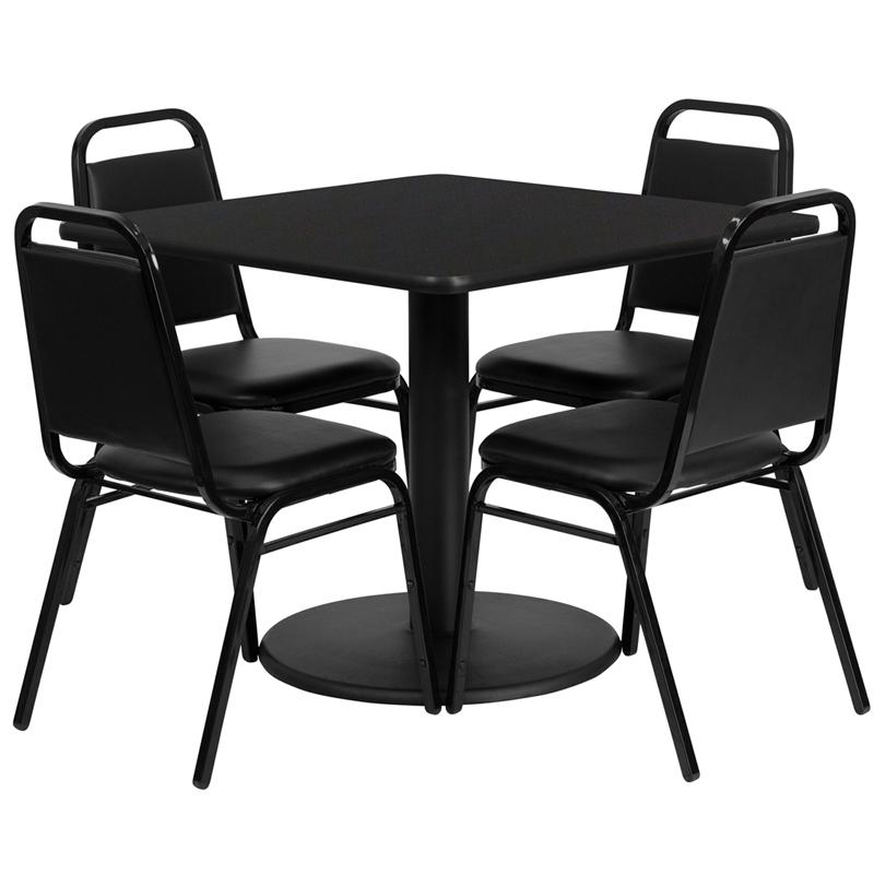 Flash Furniture 36” Square Black Laminate Table Set with Round Base and 4 Black Trapezoidal Back Banquet Chairs – RSRB1009-GG Online Hot Sale