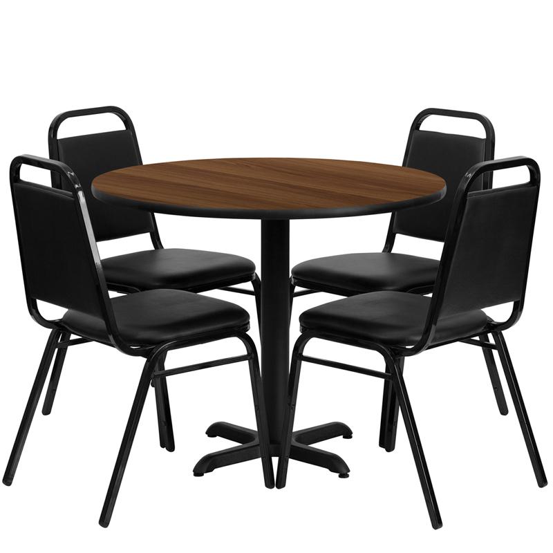 Flash Furniture 36” Round Walnut Laminate Table Set with X-Base and 4 Black Trapezoidal Back Banquet Chairs – HDBF1004-GG Discount