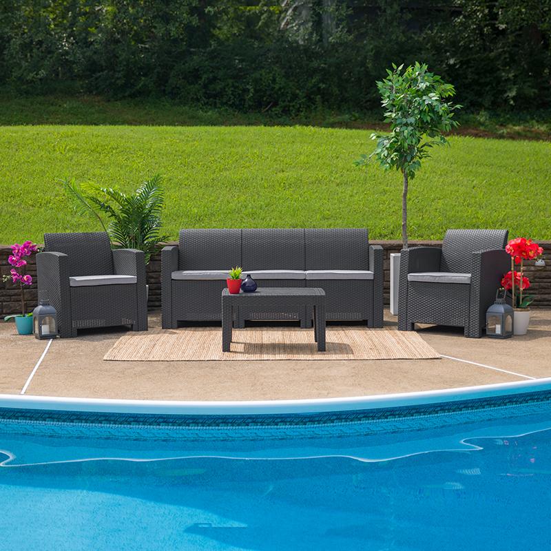 Flash Furniture 4 Piece Outdoor Faux Rattan Chair, Sofa and Table Set in Dark Gray – DAD-SF-113T-DKGY-GG Online Hot Sale