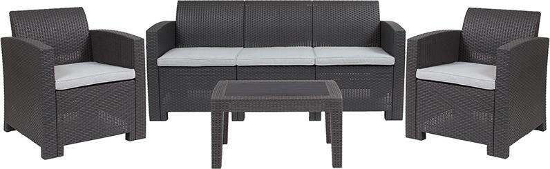 Flash Furniture 4 Piece Outdoor Faux Rattan Chair, Sofa and Table Set in Dark Gray – DAD-SF-113T-DKGY-GG Online Hot Sale