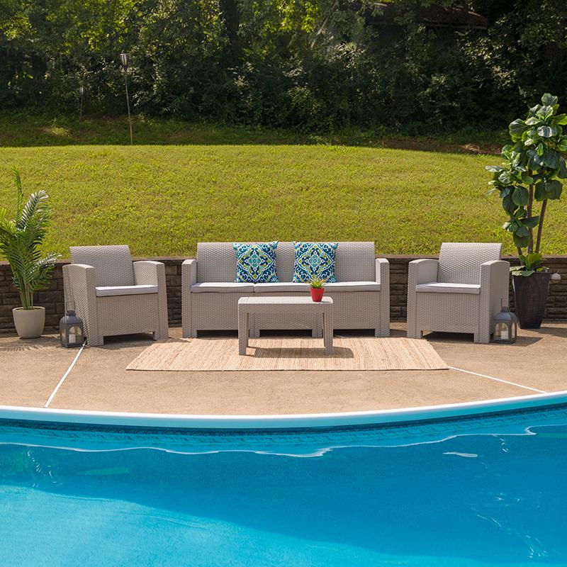 Flash Furniture 4 Piece Outdoor Faux Rattan Chair, Sofa and Table Set in Light Gray – DAD-SF-113T-CRC-GG Online