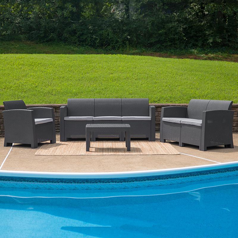Flash Furniture 4 Piece Outdoor Faux Rattan Chair, Loveseat, Sofa and Table Set in Dark Gray – DAD-SF-123T-DKGY-GG on Sale