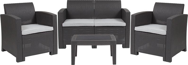 Flash Furniture 4 Piece Outdoor Faux Rattan Chair, Loveseat and Table Set in Dark Gray – DAD-SF-112T-DKGY-GG Sale