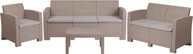 Flash Furniture 4 Piece Outdoor Faux Rattan Chair, Loveseat, Sofa and Table Set in Light Gray – DAD-SF-123T-CRC-GG Supply