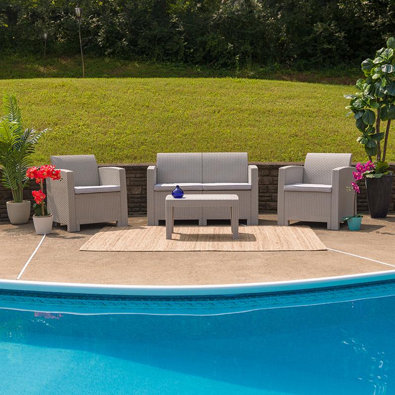 Flash Furniture 4 Piece Outdoor Faux Rattan Chair, Loveseat and Table Set in Light Gray – DAD-SF-112T-CRC-GG Discount