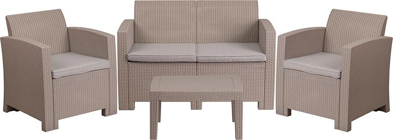 Flash Furniture 4 Piece Outdoor Faux Rattan Chair, Loveseat and Table Set in Light Gray – DAD-SF-112T-CRC-GG Discount
