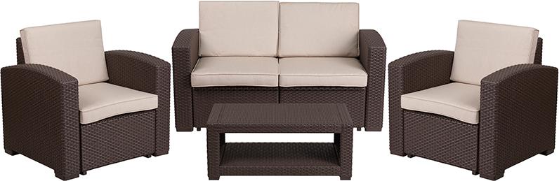 Flash Furniture 4 Piece Outdoor Faux Rattan Chair, Loveseat and Table Set in Chocolate Brown – DAD-SF-112T-CBN-GG Fashion