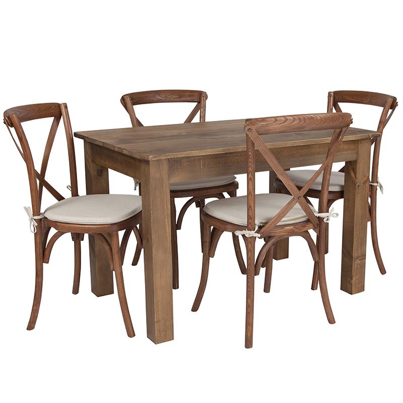 Flash Furniture 46″ x 30″ Antique Rustic Farm Table Set with 4 Cross Back Chairs and Cushions – XA-FARM-17-GG Supply