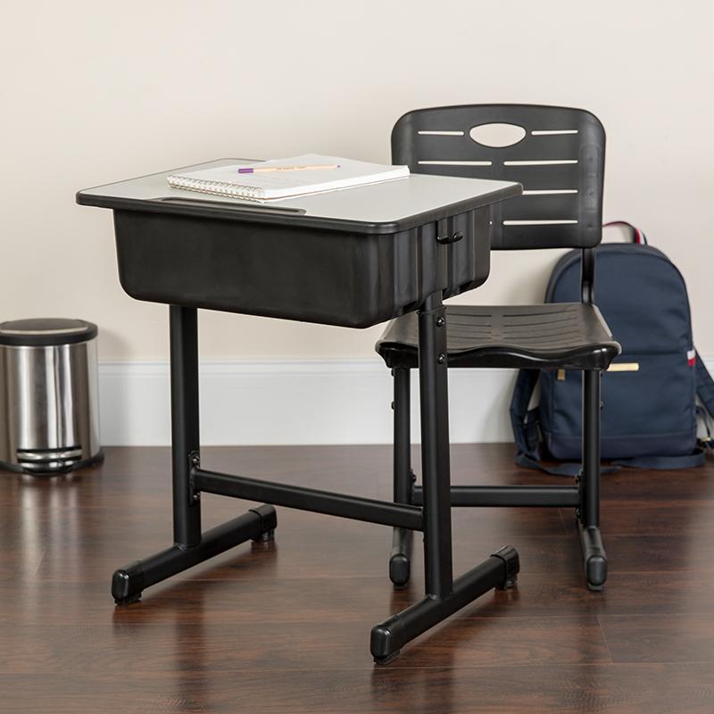 Flash Furniture Adjustable Height Student Desk and Chair with Black Pedestal Frame – YU-YCX-046-09010-GG Supply