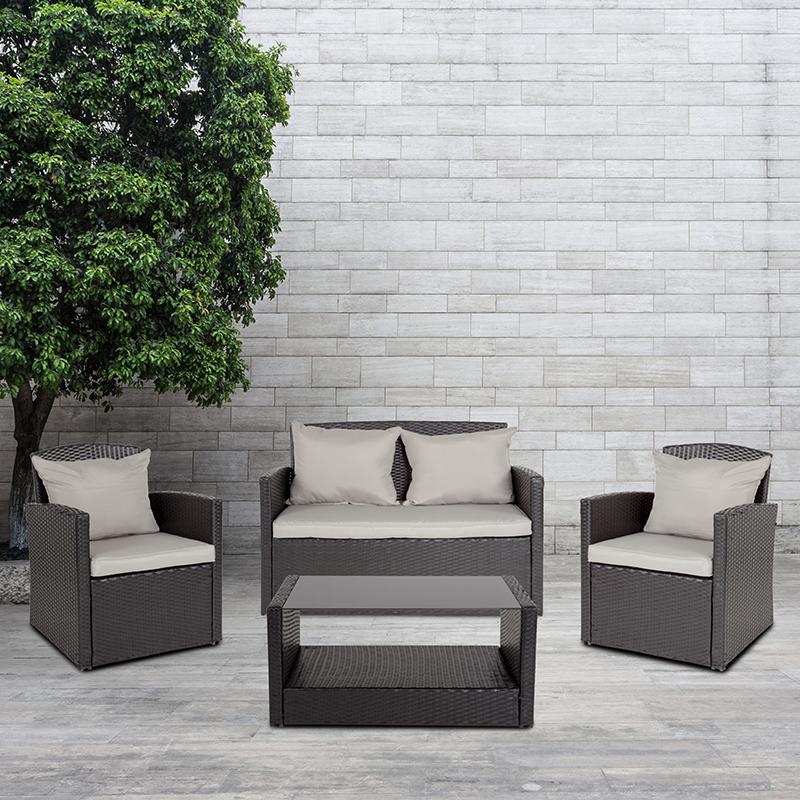Flash Furniture Aransas Series 4 Piece Black Patio Set with Gray Back Pillows and Seat Cushions – JJ-S351-GG Online now