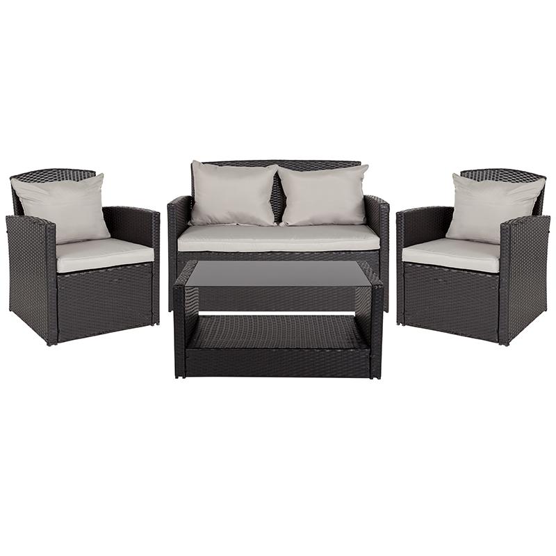 Flash Furniture Aransas Series 4 Piece Black Patio Set with Gray Back Pillows and Seat Cushions – JJ-S351-GG Online now