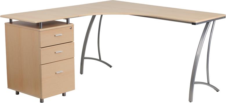 Flash Furniture Beech Laminate L-Shape Desk with Three Drawer Pedestal – NAN-WK-113-GG on Sale