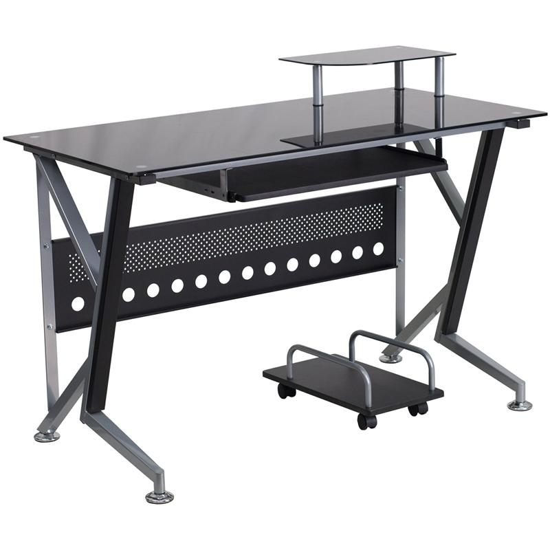 Flash Furniture Black Glass Computer Desk with Pull-Out Keyboard Tray and CPU Cart – NAN-WK-059-GG Fashion