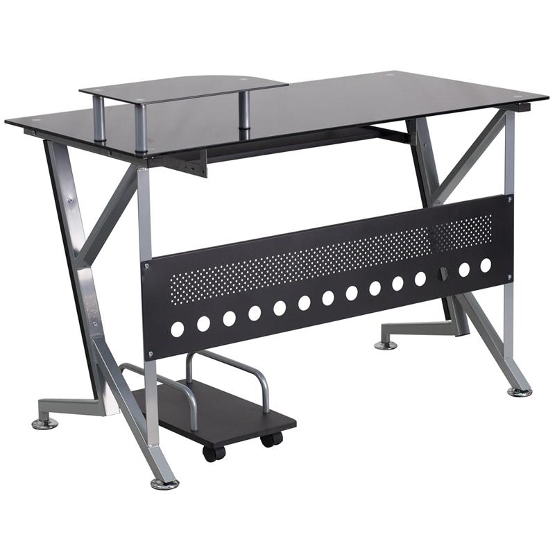 Flash Furniture Black Glass Computer Desk with Pull-Out Keyboard Tray and CPU Cart – NAN-WK-059-GG Fashion