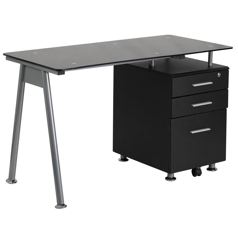 Flash Furniture Black Glass Computer Desk with Three Drawer Pedestal – NAN-WK-021A-GG Fashion