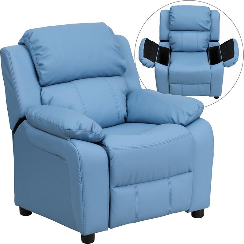 Flash Furniture Deluxe Padded Contemporary Light Blue Vinyl Kids Recliner with Storage Arms – BT-7985-KID-LTBLUE-GG Online now