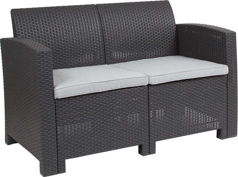 Flash Furniture Dark Gray Faux Rattan Loveseat with All-Weather Light Gray Cushions – DAD-SF2-2-DKGY-GG Online now