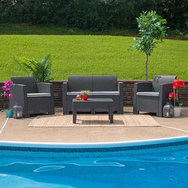 Flash Furniture Dark Gray Faux Rattan Loveseat with All-Weather Light Gray Cushions – DAD-SF2-2-DKGY-GG Online now