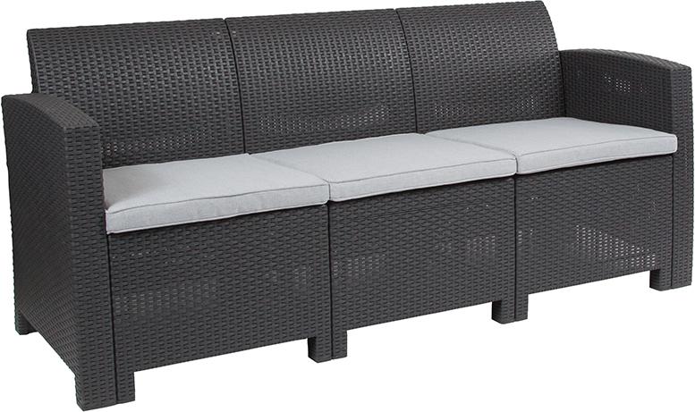 Flash Furniture Dark Gray Faux Rattan Sofa with All-Weather Light Gray Cushions – DAD-SF2-3-DKGY-GG Discount