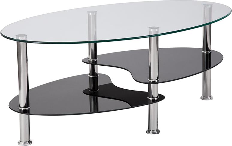 Flash Furniture Hampden Glass Coffee Table with Black Glass Shelves and Stainless Steel Legs – HG-600920-GG *DNO (Discontinued) on Sale