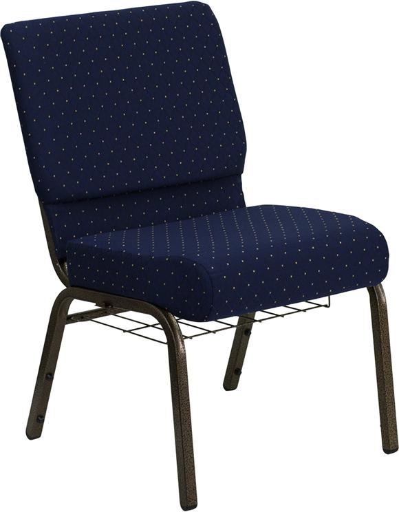 Flash Furniture HERCULES Series 21”W Church Chair in Navy Blue Dot Patterned Fabric with Book Rack – Gold Vein Frame – FD-CH0221-4-GV-S0810-BAS-GG Supply