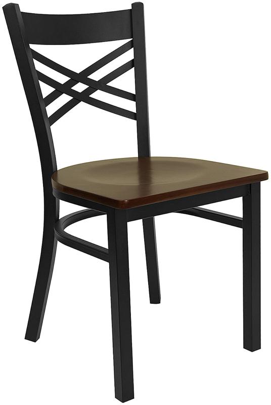 Flash Furniture HERCULES Series Black ”X” Back Metal Restaurant Chair – Mahogany Wood Seat – XU-6FOBXBK-MAHW-GG Online Sale