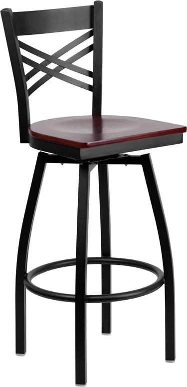 Flash Furniture HERCULES Series Black ”X” Back Swivel Metal Barstool – Mahogany Wood Seat – XU-6F8B-XSWVL-MAHW-GG Hot on Sale