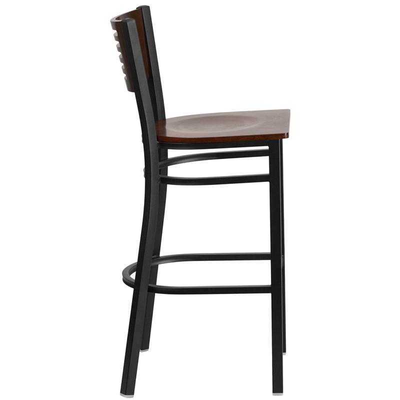 Flash Furniture HERCULES Series Black Slat Back Metal Restaurant Barstool – Walnut Wood Back & Seat – XU-DG-6H1B-WAL-BAR-MTL-GG Discount