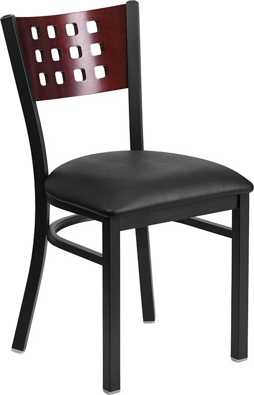 Flash Furniture HERCULES Series Black Cutout Back Metal Restaurant Chair – Mahogany Wood Back, Black Vinyl Seat – XU-DG-60117-MAH-BLKV-GG Hot on Sale