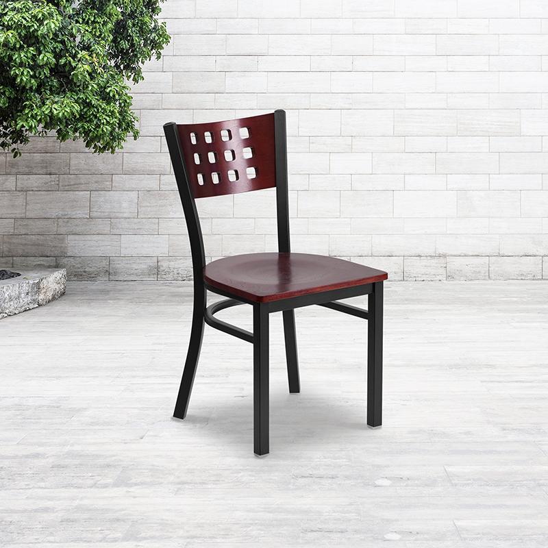 Flash Furniture HERCULES Series Black Cutout Back Metal Restaurant Chair – Mahogany Wood Back & Seat – XU-DG-60117-MAH-MTL-GG Supply