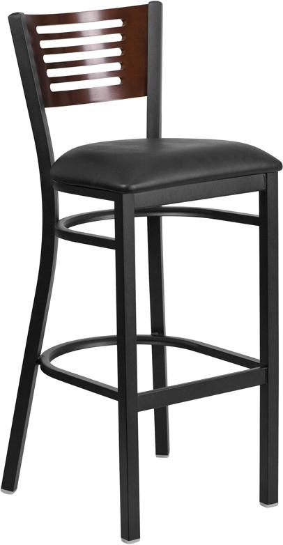 Flash Furniture HERCULES Series Black Slat Back Metal Restaurant Barstool – Walnut Wood Back, Black Vinyl Seat – XU-DG-6H1B-WAL-BAR-BLKV-GG Discount