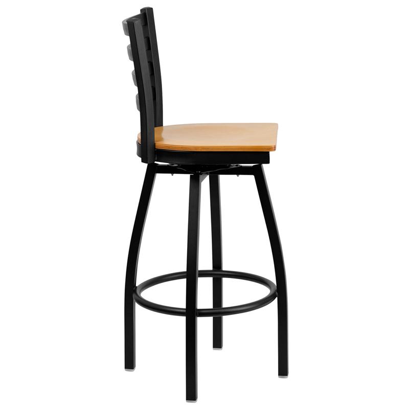 Flash Furniture HERCULES Series Black Ladder Back Swivel Metal Barstool – Natural Wood Seat – XU-6F8B-LADSWVL-NATW-GG Online