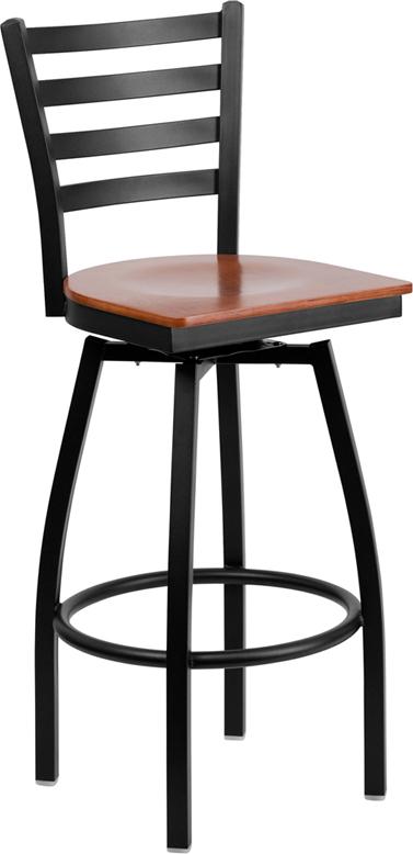 Flash Furniture HERCULES Series Black Ladder Back Swivel Metal Barstool – Cherry Wood Seat – XU-6F8B-LADSWVL-CHYW-GG Online Sale