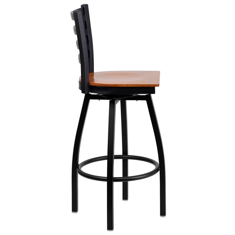 Flash Furniture HERCULES Series Black Ladder Back Swivel Metal Barstool – Cherry Wood Seat – XU-6F8B-LADSWVL-CHYW-GG Online Sale