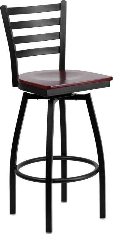 Flash Furniture HERCULES Series Black Ladder Back Swivel Metal Barstool – Mahogany Wood Seat – XU-6F8B-LADSWVL-MAHW-GG Online Hot Sale