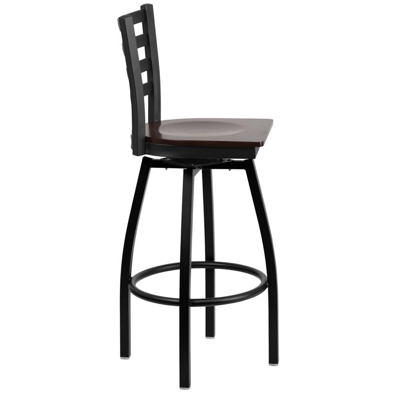 Flash Furniture HERCULES Series Black Ladder Back Swivel Metal Barstool – Walnut Wood Seat – XU-6F8B-LADSWVL-WALW-GG Supply