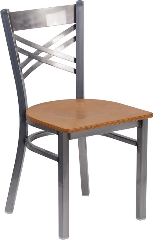 Flash Furniture HERCULES Series Clear Coated ”X” Back Metal Restaurant Chair – Natural Wood Seat – XU-6FOB-CLR-NATW-GG Discount