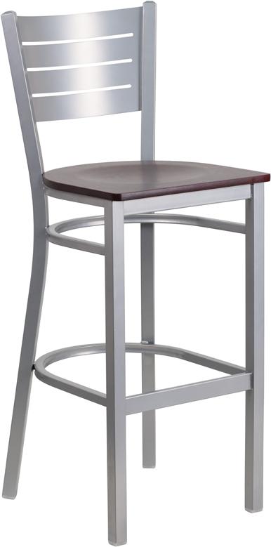 Flash Furniture HERCULES Series Silver Slat Back Metal Restaurant Barstool – Mahogany Wood Seat – XU-DG-60402-BAR-MAHW-GG Hot on Sale