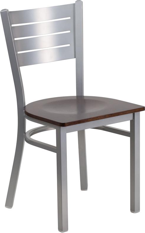 Flash Furniture HERCULES Series Silver Slat Back Metal Restaurant Chair – Walnut Wood Seat – XU-DG-60401-WALW-GG Supply