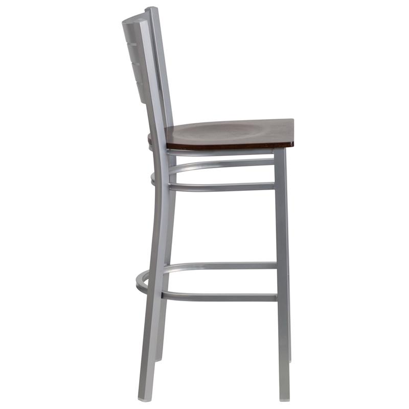 Flash Furniture HERCULES Series Silver Slat Back Metal Restaurant Barstool – Walnut Wood Seat – XU-DG-60402-BAR-WALW-GG Online now